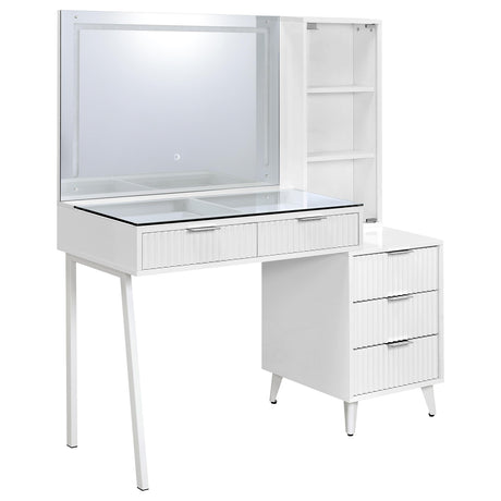 Souza White High Gloss 5-Drawer Makeup Vanity Table With LED Mirror by Coaster at Eve Furniture