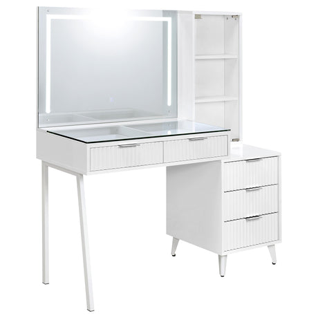 Souza White High Gloss 5-Drawer Makeup Vanity Table With LED Mirror by Coaster at Eve Furniture