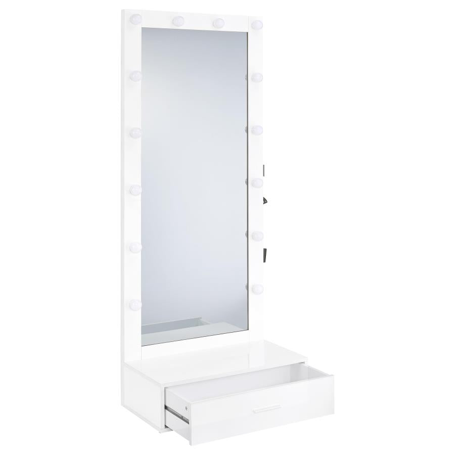 Spector White High Gloss 1-drawer Lighted Full-Length Floor Mirror by Coaster at Eve Furniture