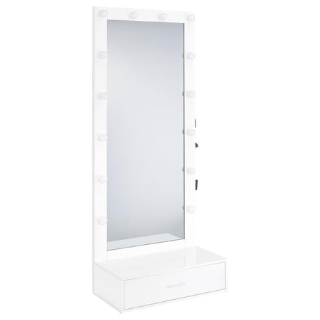 Spector White High Gloss 1-drawer Lighted Full-Length Floor Mirror by Coaster at Eve Furniture