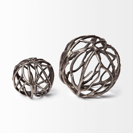 Sphaira I Small 5L x 5W Silver Cast Aluminum Decorative Tree Branch Orb by Mercana at Eve Furniture