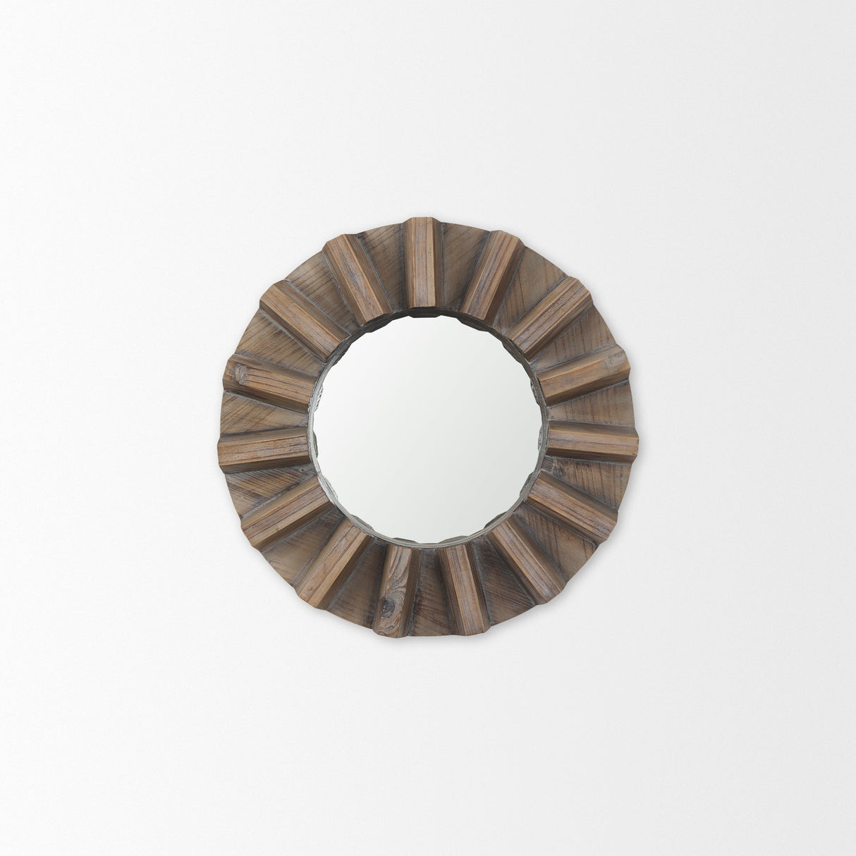 Sprocket Round Brown Wood Frame Mirror by Mercana at Eve Furniture