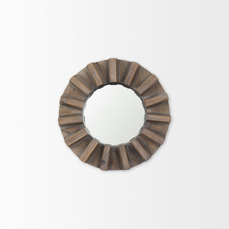Sprocket Round Brown Wood Frame Mirror by Mercana at Eve Furniture