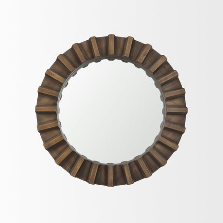 Sprocket Round Brown Wood Frame Mirror by Mercana at Eve Furniture