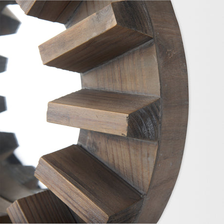 Sprocket Round Brown Wood Frame Mirror by Mercana at Eve Furniture