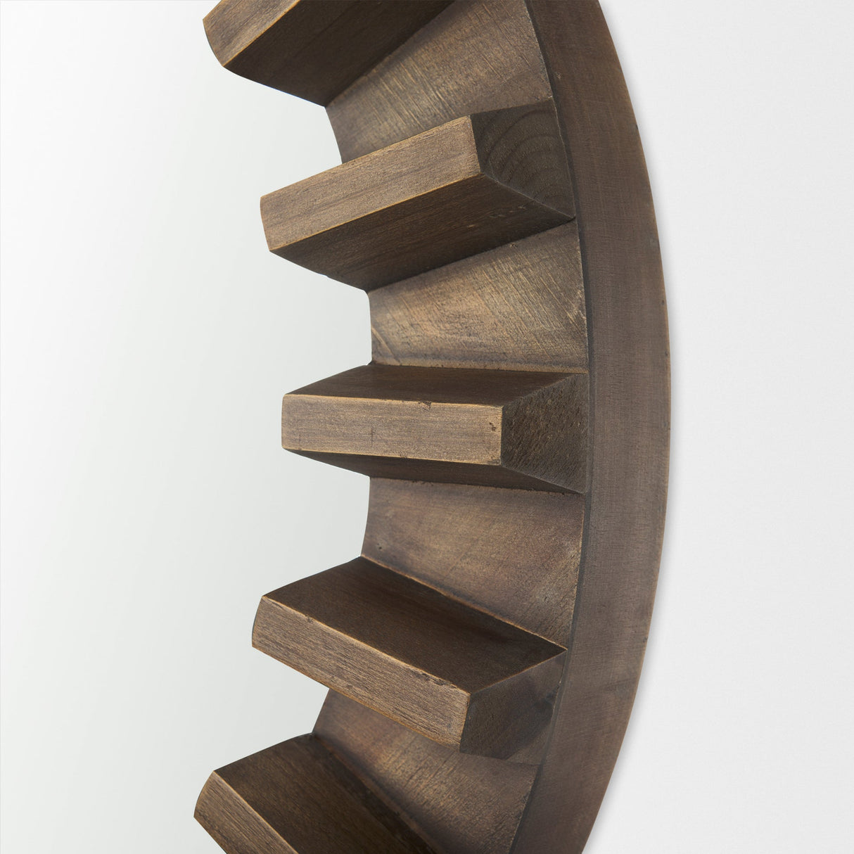 Sprocket Round Brown Wood Frame Mirror by Mercana at Eve Furniture