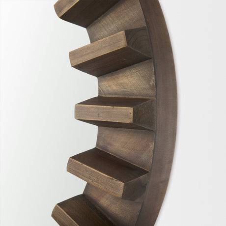 Sprocket Round Brown Wood Frame Mirror by Mercana at Eve Furniture