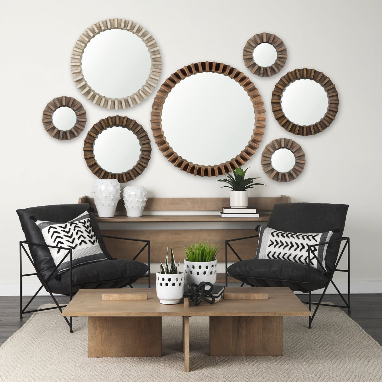 Sprocket Round Brown Wood Frame Mirror by Mercana at Eve Furniture