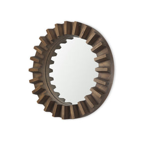 Sprocket Round Brown Wood Frame Mirror by Mercana at Eve Furniture