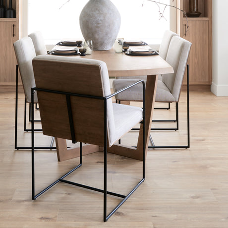 Stamford Beige Upholstered Seat w/ Wood Back, Black Metal Frame Dining Chair w/ Arms by Mercana at Eve Furniture