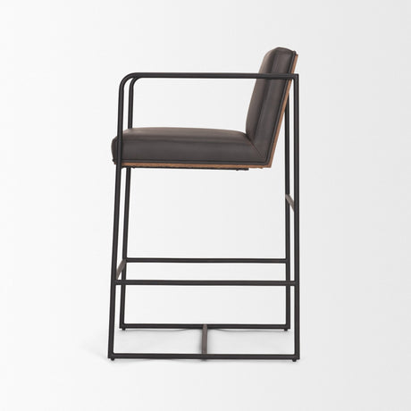 Stamford Charcoal-Brown Leather Seat w/ Wood Back Metal Counter Stool by Mercana at Eve Furniture