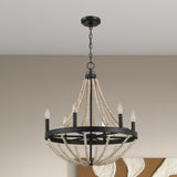 Starry Wood Chandelier Farmhouse Six Candle Light Wood Beaded Black Pendant Light for Dining Room by Ashcroft Furniture at Eve Furniture
