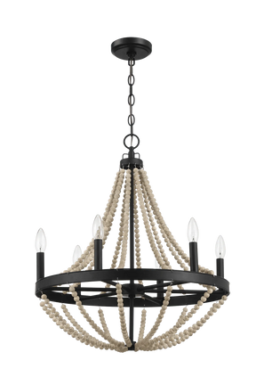 Starry Wood Chandelier Farmhouse Six Candle Light Wood Beaded Black Pendant Light for Dining Room by Ashcroft Furniture at Eve Furniture