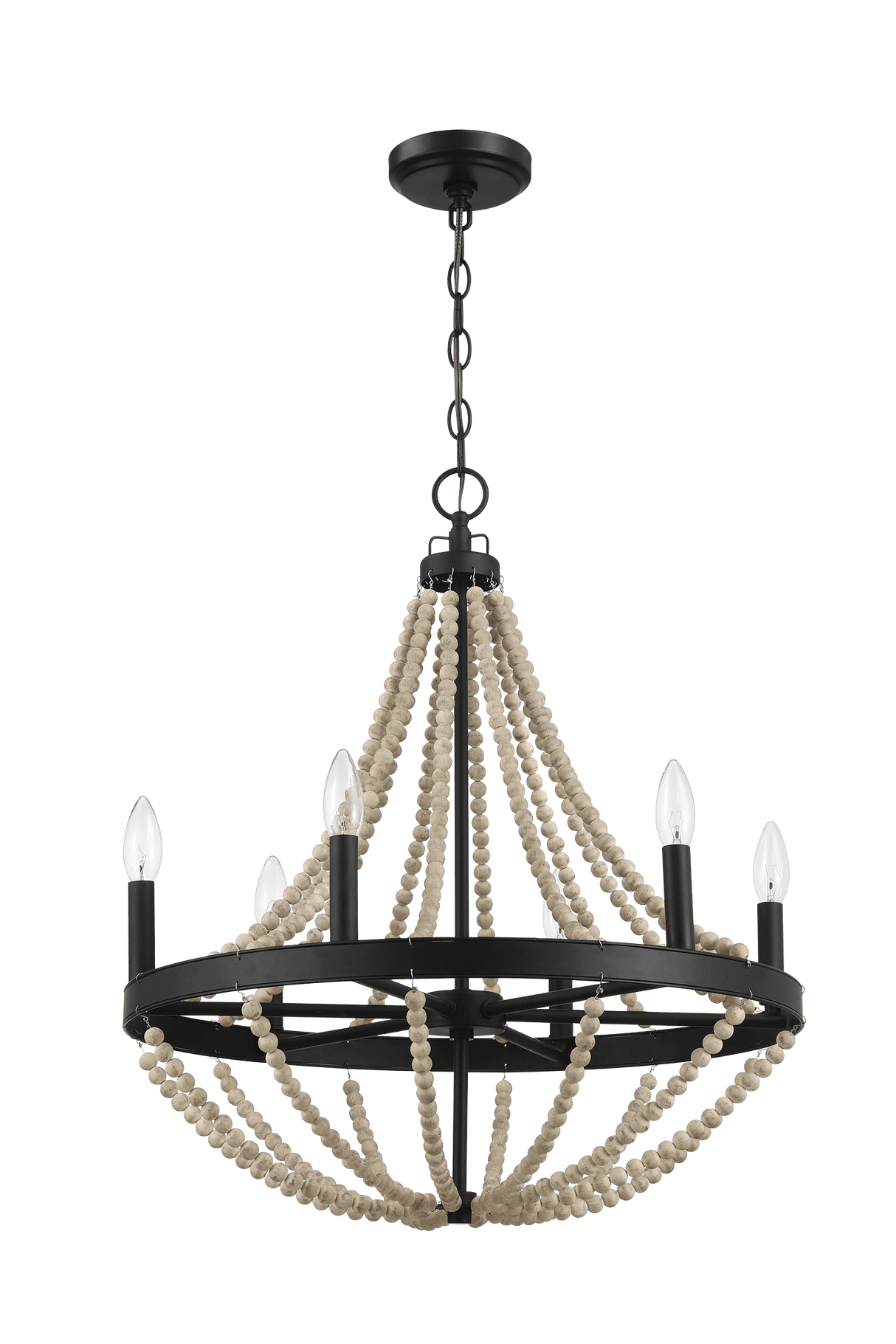 Starry Wood Chandelier Farmhouse Six Candle Light Wood Beaded Black Pendant Light for Dining Room