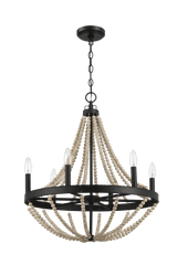 Starry Wood Chandelier Farmhouse Six Candle Light Wood Beaded Black Pendant Light for Dining Room