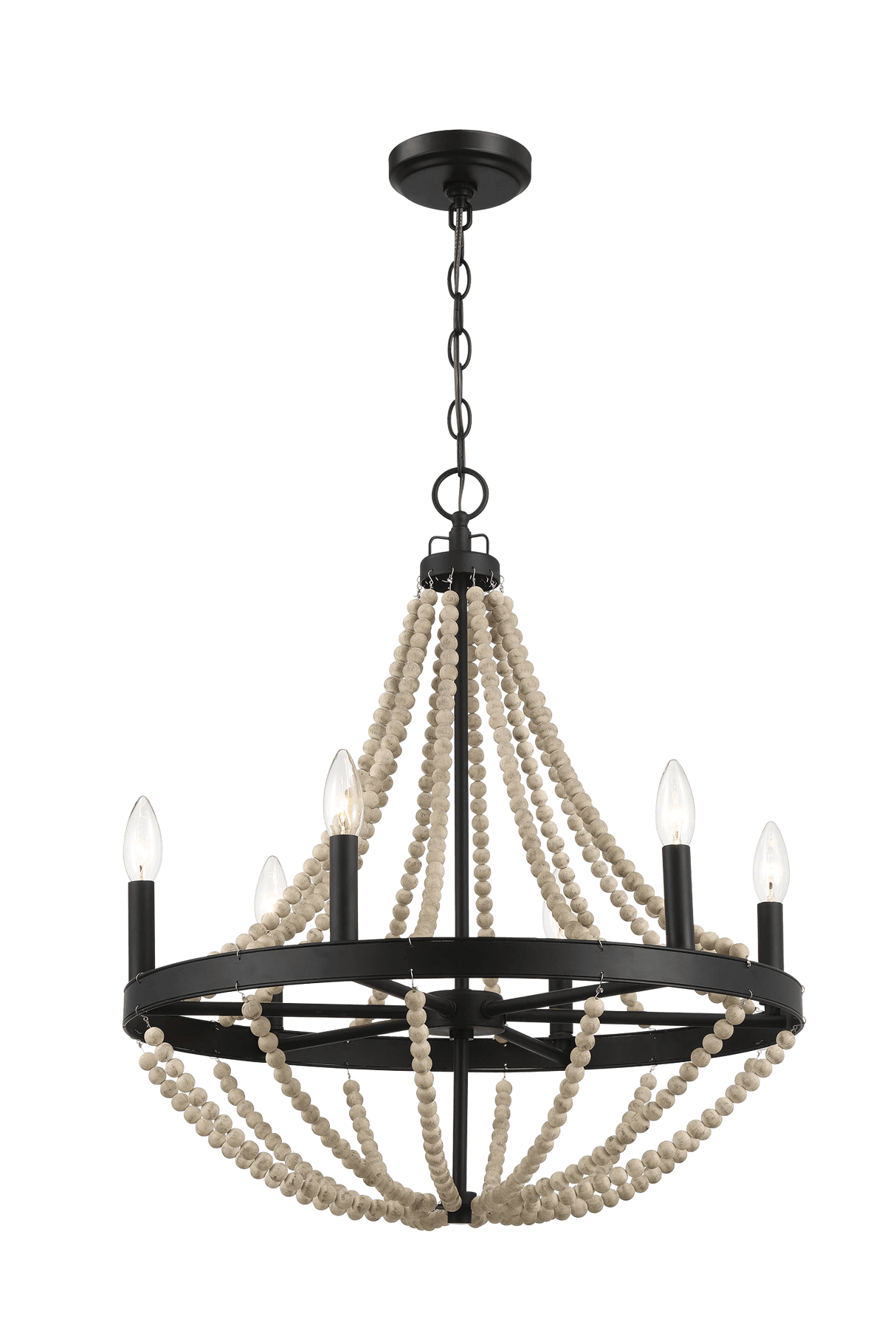 Starry Wood Chandelier Farmhouse Six Candle Light Wood Beaded Black Pendant Light for Dining Room