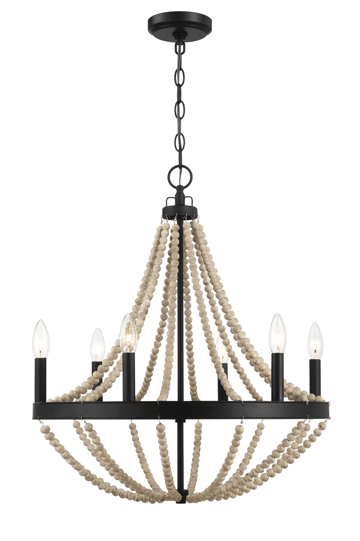 Starry Wood Chandelier Farmhouse Six Candle Light Wood Beaded Black Pendant Light for Dining Room