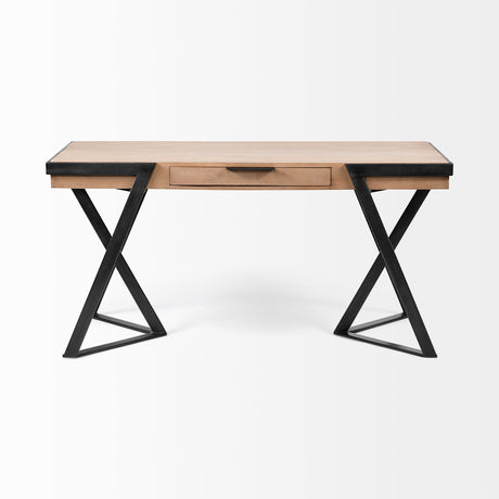 Steinbeck Light Brown Wooden Iron Frame Office Desk by Mercana at Eve Furniture