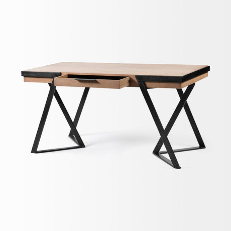 Steinbeck Light Brown Wooden Iron Frame Office Desk by Mercana at Eve Furniture