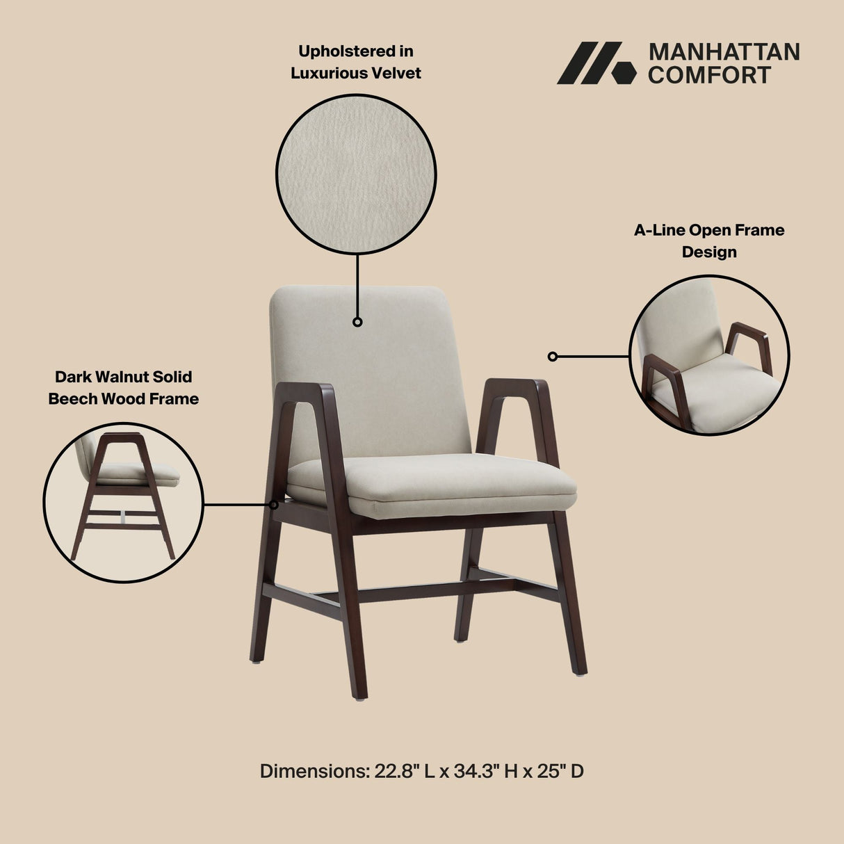Stella Dining Armchair in Champagne by Manhattan Comfort at Eve Furniture