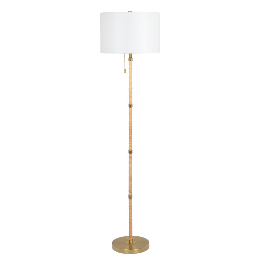 Stellar Wood Rattan Tube , Gold Brass Metal and White Linen Shade Floor Lamp by Ashcroft Furniture at Eve Furniture
