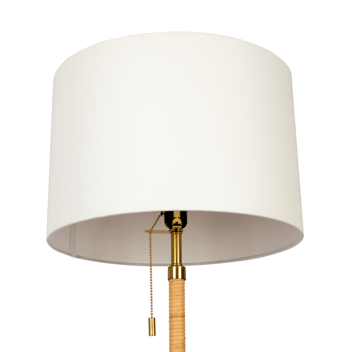 Stellar Wood Rattan Tube , Gold Brass Metal and White Linen Shade Floor Lamp