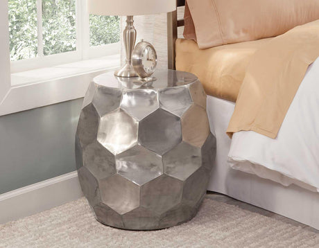 Stomp Round End Table, Nickel by Steve Silver at Eve Furniture