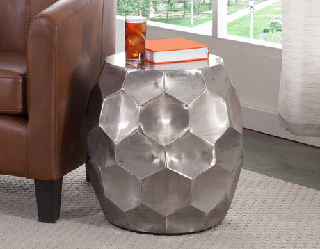 Stomp Round End Table, Nickel by Steve Silver at Eve Furniture