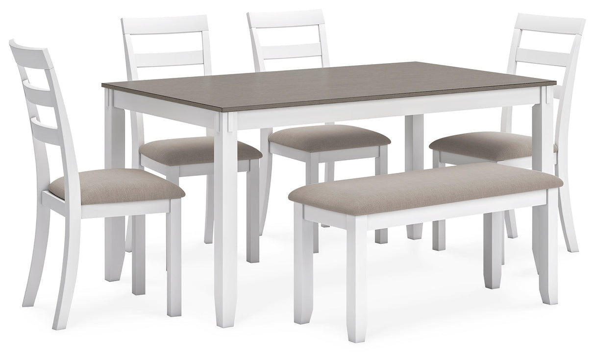 Stonehollow White/Gray Dining Table and Chairs with Bench (Set of 6)