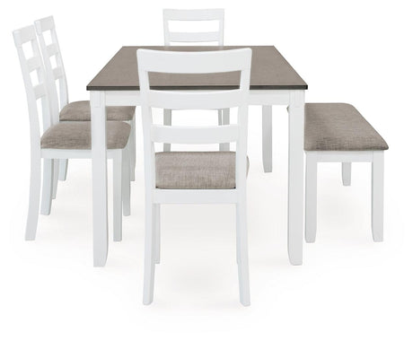 Stonehollow White/Gray Dining Table and 4 Chairs and Bench by Ashley at Eve Furniture