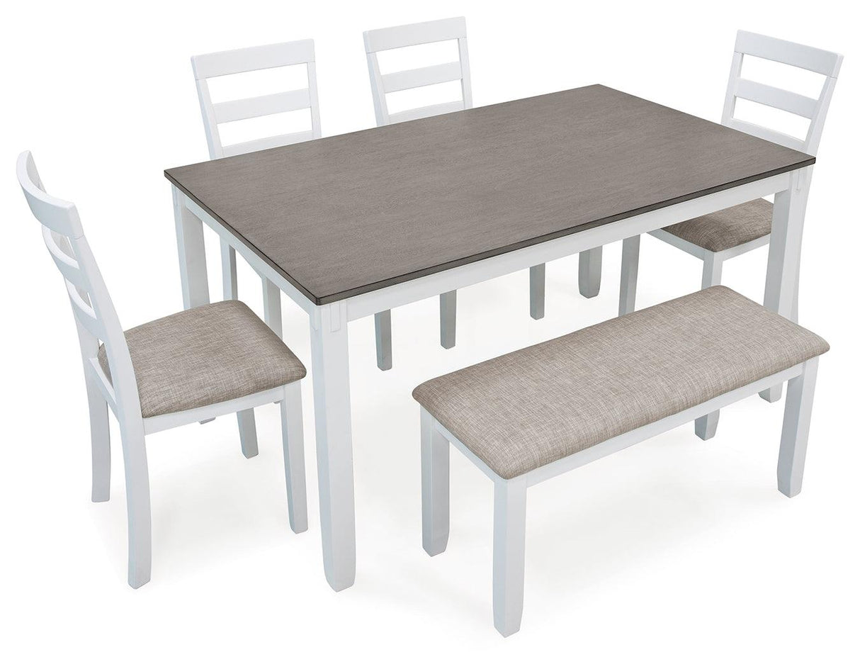 Stonehollow White/Gray Dining Table and 4 Chairs and Bench by Ashley at Eve Furniture