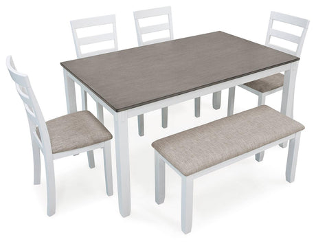 Stonehollow White/Gray Dining Table and 4 Chairs and Bench by Ashley at Eve Furniture