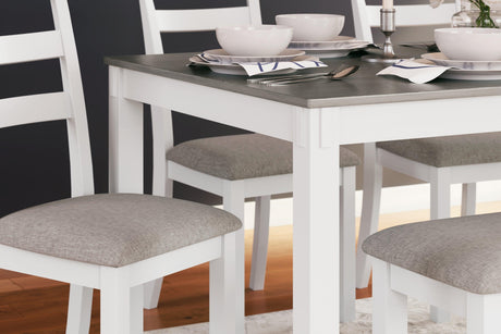 Stonehollow White/Gray Dining Table and 4 Chairs and Bench by Ashley at Eve Furniture