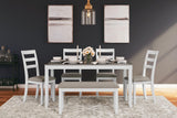 Stonehollow White/Gray Dining Table and 4 Chairs and Bench by Ashley at Eve Furniture