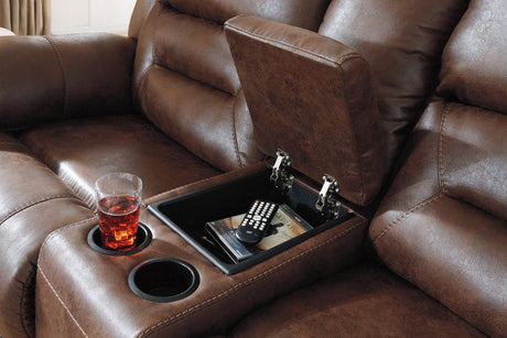 Stoneland Chocolate Manual Reclining Loveseat with Console by Ashley at Eve Furniture