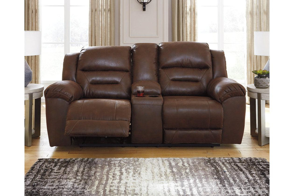 Stoneland Chocolate Power Reclining Loveseat with Console by Ashley at Eve Furniture