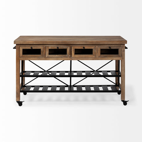 Stuart I Brown Solid Wood Top Two-Tier Black Metal Rolling Kitchen Island by Mercana at Eve Furniture
