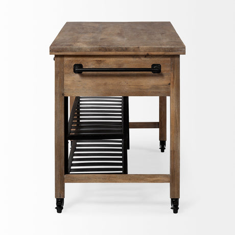 Stuart I Brown Solid Wood Top Two-Tier Black Metal Rolling Kitchen Island by Mercana at Eve Furniture
