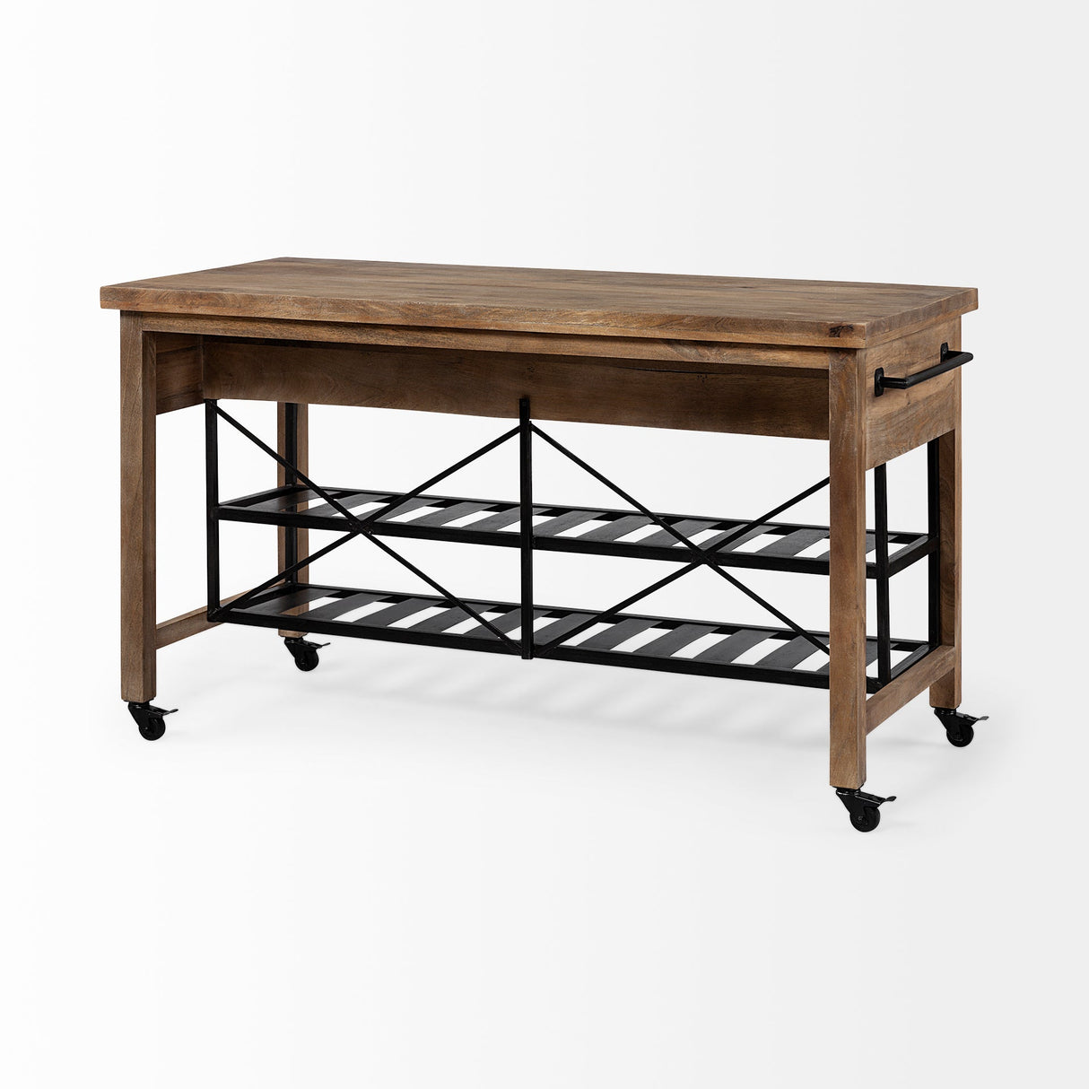 Stuart I Brown Solid Wood Top Two-Tier Black Metal Rolling Kitchen Island by Mercana at Eve Furniture