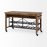 Stuart I Brown Solid Wood Top Two-Tier Black Metal Rolling Kitchen Island by Mercana at Eve Furniture