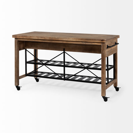 Stuart I Brown Solid Wood Top Two-Tier Black Metal Rolling Kitchen Island by Mercana at Eve Furniture