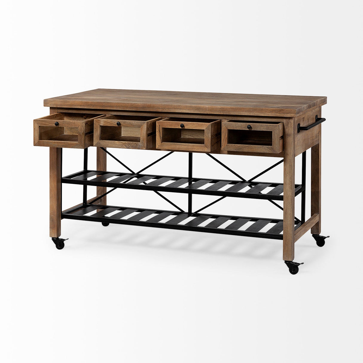 Stuart I Brown Solid Wood Top Two-Tier Black Metal Rolling Kitchen Island by Mercana at Eve Furniture