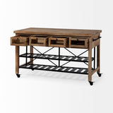 Stuart I Brown Solid Wood Top Two-Tier Black Metal Rolling Kitchen Island by Mercana at Eve Furniture