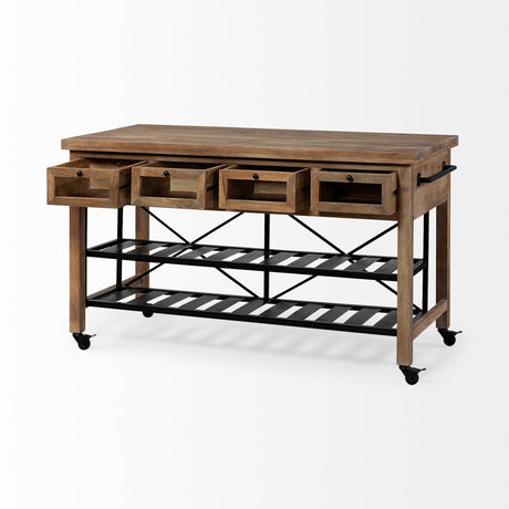 Stuart I Brown Solid Wood Top Two-Tier Black Metal Rolling Kitchen Island by Mercana at Eve Furniture