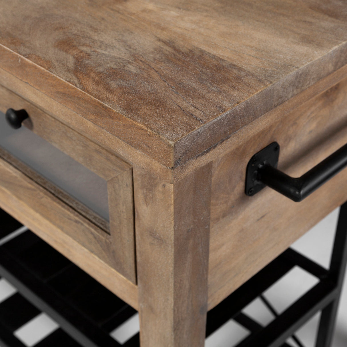 Stuart I Brown Solid Wood Top Two-Tier Black Metal Rolling Kitchen Island by Mercana at Eve Furniture