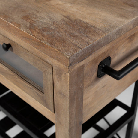 Stuart I Brown Solid Wood Top Two-Tier Black Metal Rolling Kitchen Island by Mercana at Eve Furniture