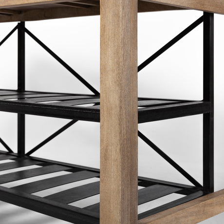 Stuart I Brown Solid Wood Top Two-Tier Black Metal Rolling Kitchen Island by Mercana at Eve Furniture