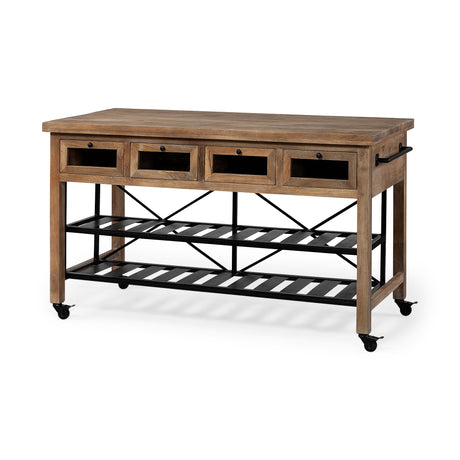 Stuart I Brown Solid Wood Top Two-Tier Black Metal Rolling Kitchen Island by Mercana at Eve Furniture