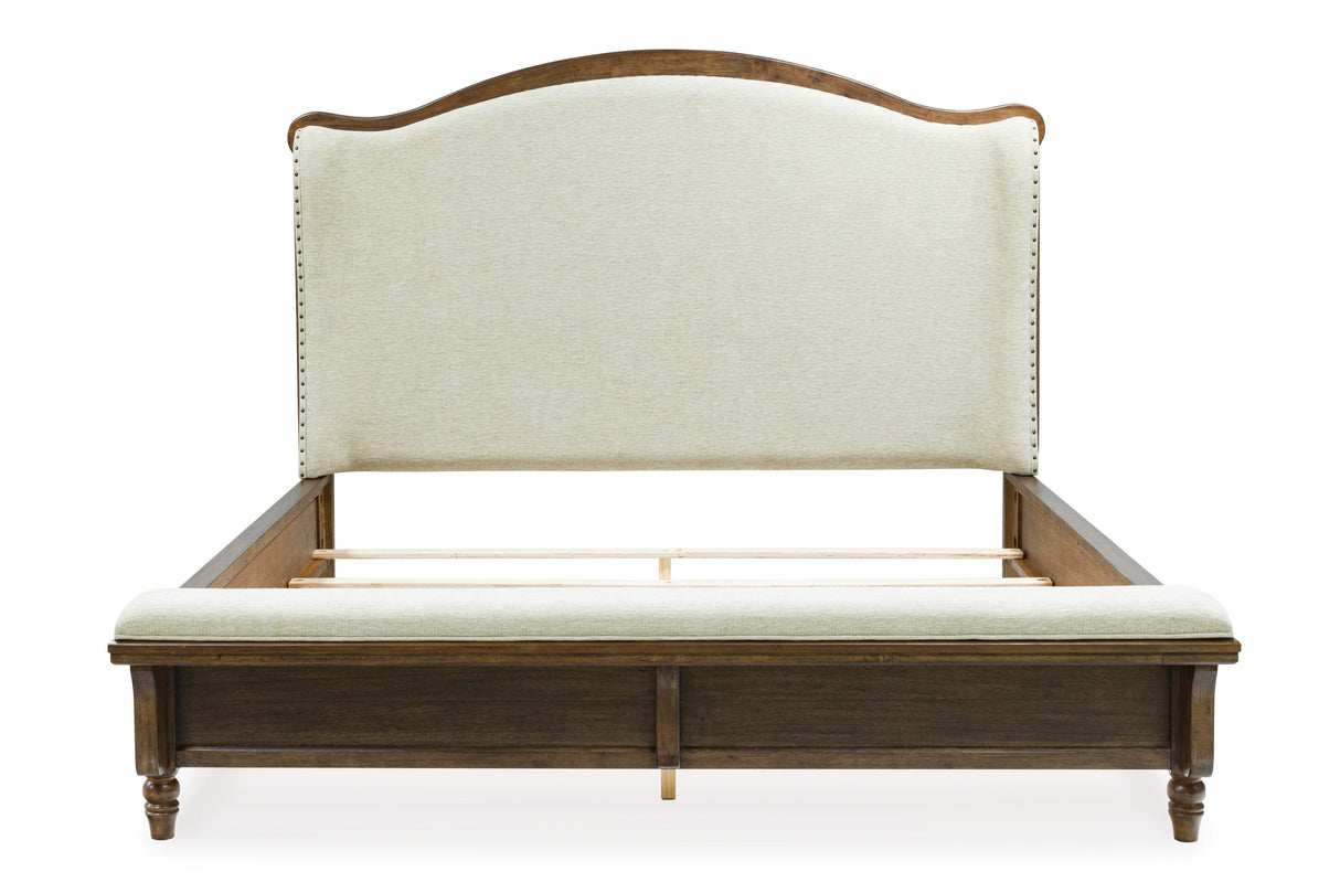 Sturlayne Brown California King Upholstered Panel Bed with Footboard Bench by Ashley at Eve Furniture