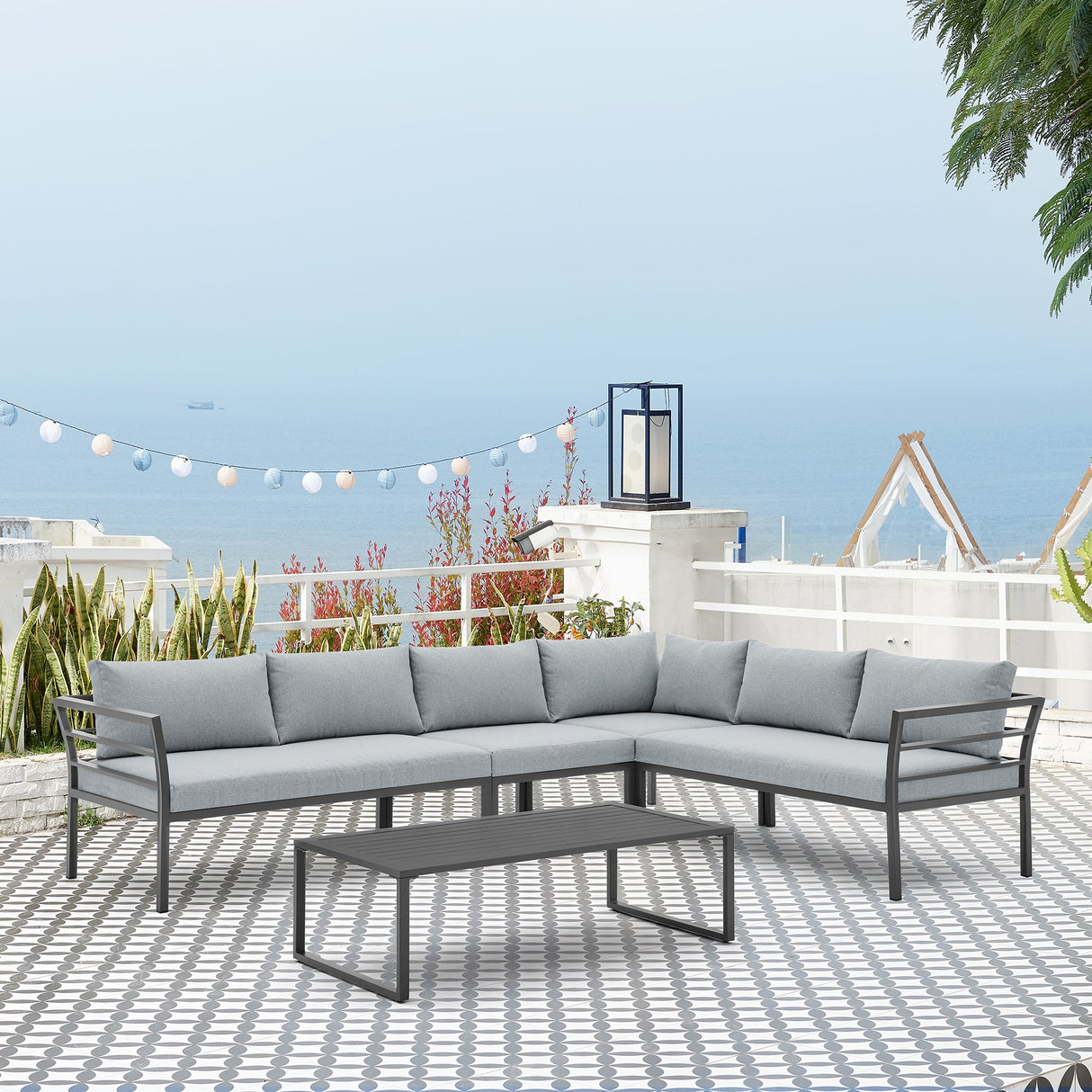 Sunnyside Corner Patio Conversation Set with Table in Grey on Grey by Manhattan Comfort at Eve Furniture